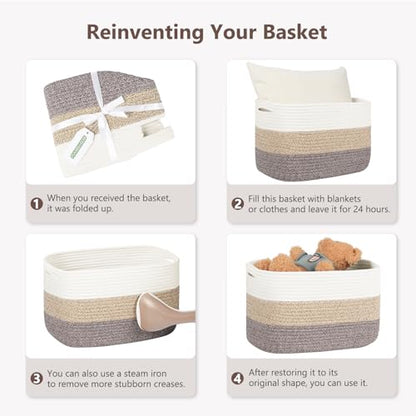 ECDYQXVU 15x10x9 Woven Cotton Rope Storage Basket, Leather Handles 1 Pack - color: White/Brown-1 Pack, size: 1 Pack