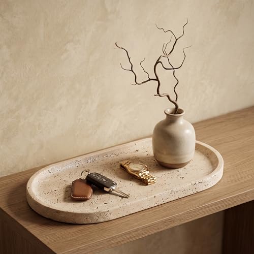 YKAJO Natural Travertine Beige Oval Marble Tray, 11.8x5.9 Vanity Organizer - color: Natural Travertine Beige, size: 11.8" x 5.9" x 0.6"