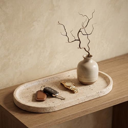 YKAJO Natural Travertine Beige Oval Marble Tray, 11.8x5.9 Vanity Organizer - color: Natural Travertine Beige, size: 11.8" x 5.9" x 0.6"