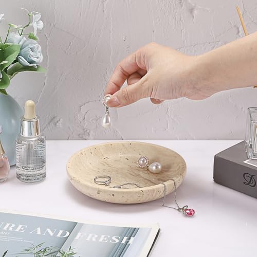 Hipiwe Small Key Bowl for Entryway 5.5" Round Travertine Jewelry Ring Dish - color: Beige, size: 5.5"