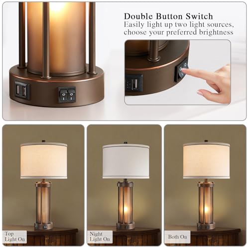 Set of 2 Farmhouse Table Lamps for Living Room with 2 USB Charging Ports - color: Brown