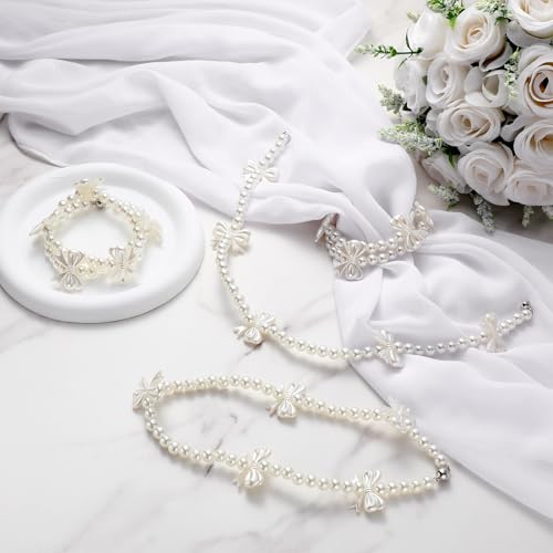 Lewtemi 4 Pcs Magnetic Curtain Tiebacks Decorative, Pearl Strand Bow - style: Pearl Strand Bow