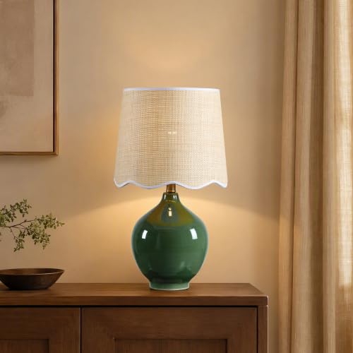 21"H Olive Green Ceramic Table Lamp with Beige Faux Rattan Drum Shade - color: Olive Green