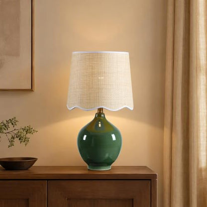 21"H Olive Green Ceramic Table Lamp with Beige Faux Rattan Drum Shade - color: Olive Green