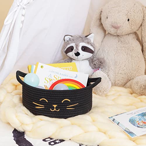 Small Woven Rope Cat Toy Basket with Cat Face Design, Black - color: Black, size: 9.8"W x 4"H
