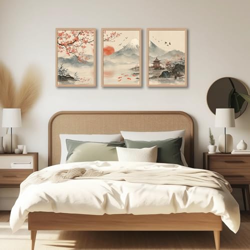 Japanese Sakura Wall Art Set of 3, Mountain Landscape Canvas Prints - color: CherryBlossomMountain, size: 16x24 Inches