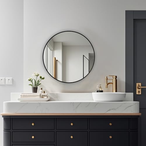 Round Mirror, Wall Mounted Circle Mirror-Brushed Metal Frame, 20", Black - color: Black, size: 20"L x 20"W