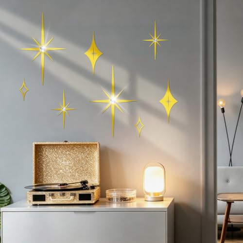 Bnesi 8 PCS Gold Wall Decor with Gold Stars,Diamond Studded Metal Wall Art - color: Gold diamond