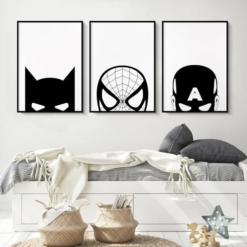 Baccone Spiderman Wall Art Boys Room Canvas Wall Decor Black White Wall Art Spiderman Pictures Painting Boys Posters Nursery Artwork for Living Room Bedroom 12x16 Inch Unframed Set of 3 - color: Superhero Prints, size: 12x16 Inch Unframed