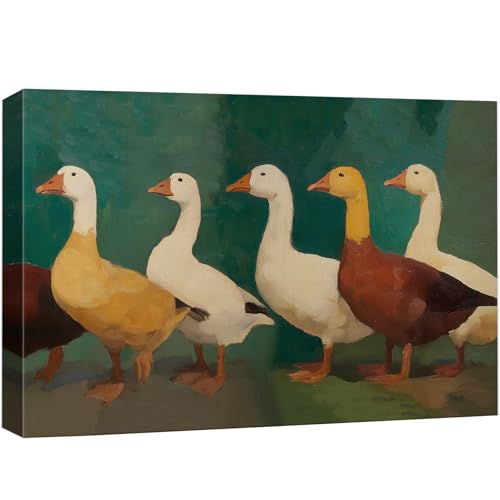 wall26 Canvas Print Wall Art Vintage Ducks in a Row Teal and Earth Tone Farm Animal Digital Art Realism Rustic Scenic Nature Photography Colorful for Living Room, Bedroom, Office - 12"x18" - color: A25-2605-M24, size: 18"L x 12"W