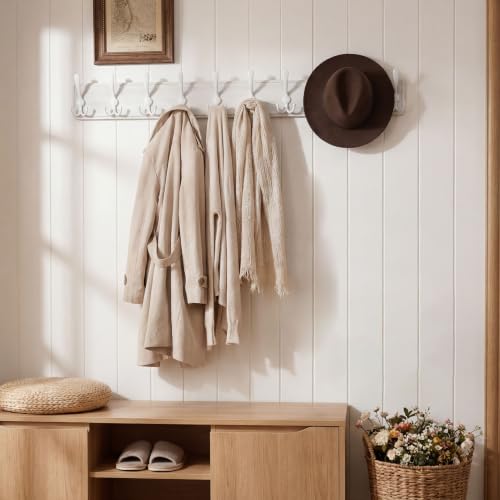 WEBI Coat Rack Wall Mount White,38 9/16" Long Coat Hooks Wall Mounted,Large Wall Coat Hanger,10 Tri Hooks for Hanging Coats,Clothes,Jacket,Farmhouse,White - color: White/White, size: 10 Hooks