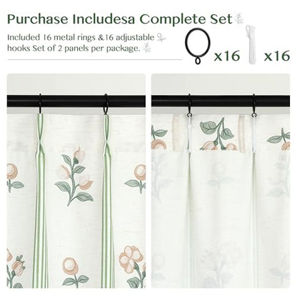 Pinch Pleat Linen Blend Curtains Green Stripe Floral, 40"W x108 Inches Long - color: Green Stirpe, size: 40"W x 108"L (Pack of 2)