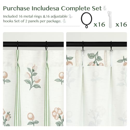 Pinch Pleat Linen Blend Curtains Green Stripe Floral, 40"W x102 Inches Long - color: Green Stirpe, size: 40"W x 102"L (Pack of 2)
