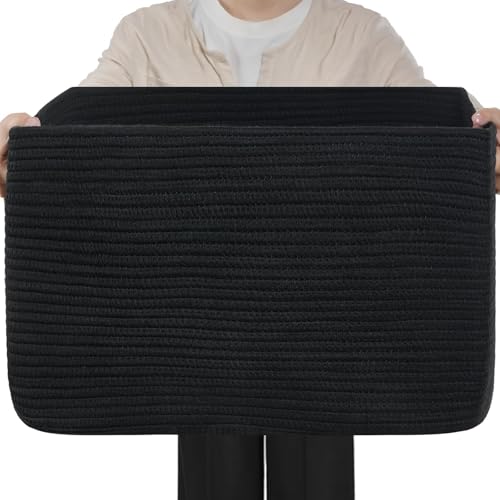 Optish 75L Large Woven Blanket Basket, Storage Basket with Handles, Black - color: Black, size: 22" x 17" x 11.5"(75L)