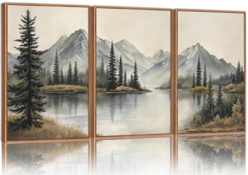 Tinonedraw Snow Mountain Framed Canvas Wall Art, 3 Piece Misty Forest Landscape Wall Decor, Rustic Woodland Picture Art Prints, Nature Pine Trees Art Paintings for Living Room Bedroom Cabin 16"x24"x3 - color: Snow Mountain, size: 24"L x 16"W