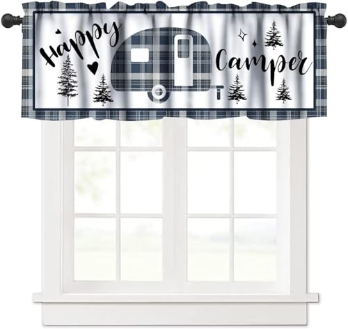 Retro Camper Valance, Farmhouse Vintage Blue Check Plaid Camping Rustic Camp Rv Travel Trailers Print Blackout Short Window Treatment Curtain for Kitchen Kids Bedroom Livingroom, 54x18inch - color: Camp-8