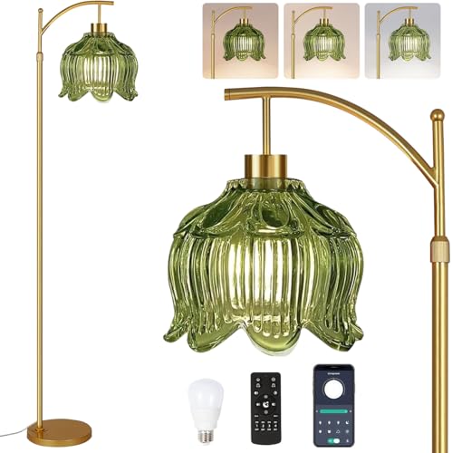 QIYIZM Green Floor Lamp for Living Room,Bedroom,Gold Dimmable Standing Lamp with Remote,Mid Century Modern Brass Tall Lamp Boho Floor Lamps Arc Vintage Glass Flower Floor Light Lamp Girls Bohemian - size: Floor Lamp--12