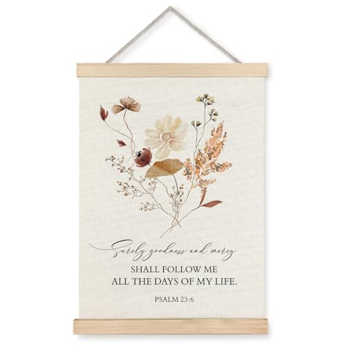 Supwhd Boho Floral Christian Wall Art with Wooden Poster Hanger, Goodness and Mercy Shall Follow Me Posters Wall Art Decor, Christian Wall Decor for Home Room, 16x24 - color: Psalm 23:6, size: 24"L x 16"W