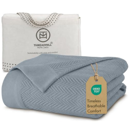 Threadmill Luxury 100% Cotton King Herringbone Blanket, Scottish Grey - color: Scottish Grey, size: King (106" x 92")