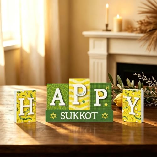 Smile Sukkot Wooden Standing Decor, Happy Sukkot Letter Blocks with Etrog and Star of David Tiered Tray Tabletop Signs for Jewish Holiday Decor - style: Letter Sukkot