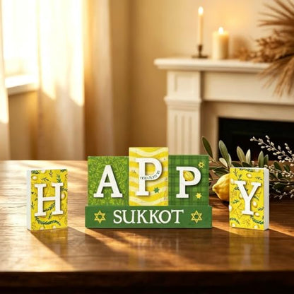 Smile Sukkot Wooden Standing Decor, Happy Sukkot Letter Blocks with Etrog and Star of David Tiered Tray Tabletop Signs for Jewish Holiday Decor - style: Letter Sukkot