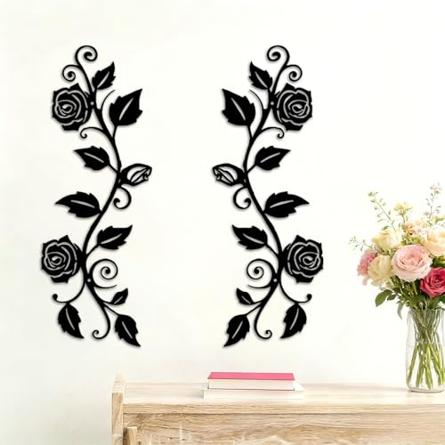 Elenwynn 2pcs Metal Rose Floral Wall Decor Art , Rustic Wrought Iron Plant Leaves Vine Scrolls Hanging Sculptures Sign, Flowers Home Ornaments for Above Doors, Bedrooms Living Room Or Dining Walls-Black - color: Rose Leaf B