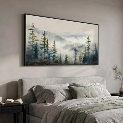 Framed Misty Forest Mountain Landscape Wall Art for Living Room, 60x30 Inch - color: Green and Gray
