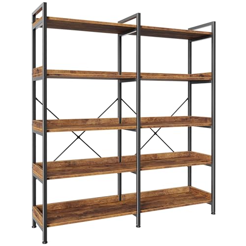 Huuger 5 Tier Bookshelf with 10 Open Shelves and Raised Baffle, Rustic Brown - color: Rustic Brown, size: 5 Tier