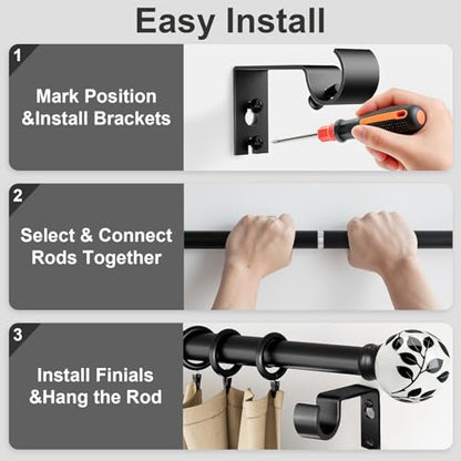 Ceramic Black Curtain Rods 2 Pack for Windows 16 to 144 Inches - color: Ceramic Black, size: 16"-144"|2 Pack