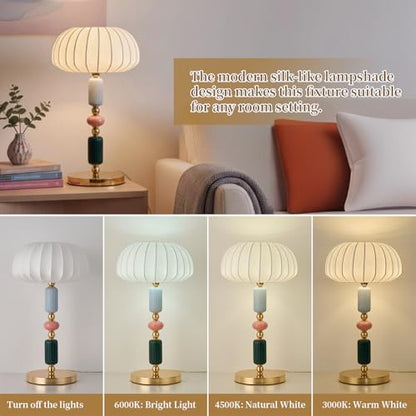 ModernSilk-Like Table Lamp with Ceramic & Metal Base, E26 Bedside Lamp, 11.81" W x 20.86" H, Small Plug in Lamp, Modern White Ceramic Lamp for Bedroom