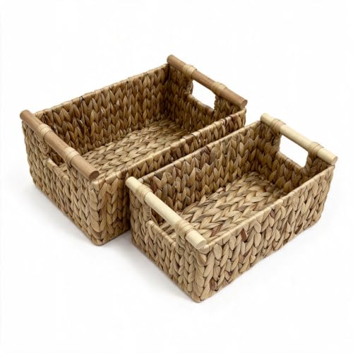 Water Hyacinth Storage Baskets, Wicker Shelf Baskets with Wooden Handle