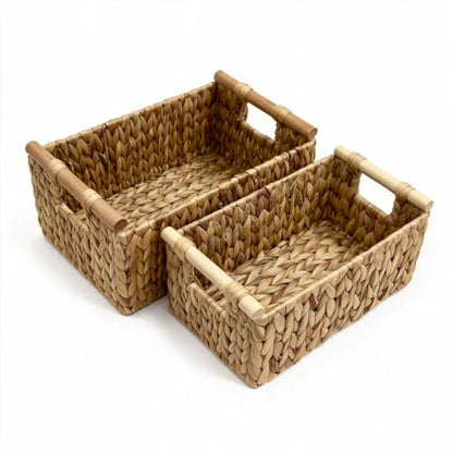 Water Hyacinth Storage Baskets, Wicker Shelf Baskets with Wooden Handle