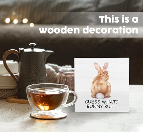 Funny Easter Bunny Wooden Box Signs, Rabbit Gifts for Rabbit Lovers Women, Funny Guest What Bunny Butt Wood Sign Home Decor for Bedroom Bathroom Desk Table Shelf 5x5 Inch - color: Brown Bunny