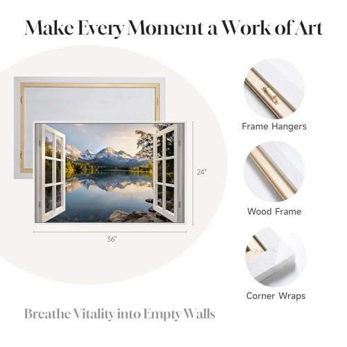 Framed Window Nature Scenic Landscape Wall Art for Living Room, 24x36 Inch - color: White Blue, size: 36"L x 24"W