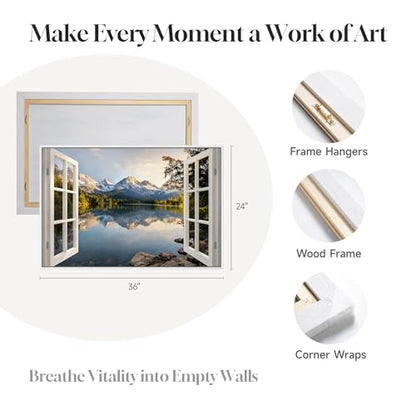 Framed Window Nature Scenic Landscape Wall Art for Living Room, 24x36 Inch - color: White Blue, size: 36"L x 24"W