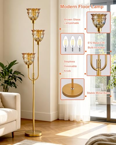 Amber Glass Floor Lamp 66IN 3-Light Modern Gold Dimmable Tree Floor Lamps - color: Amber Lace-Gold