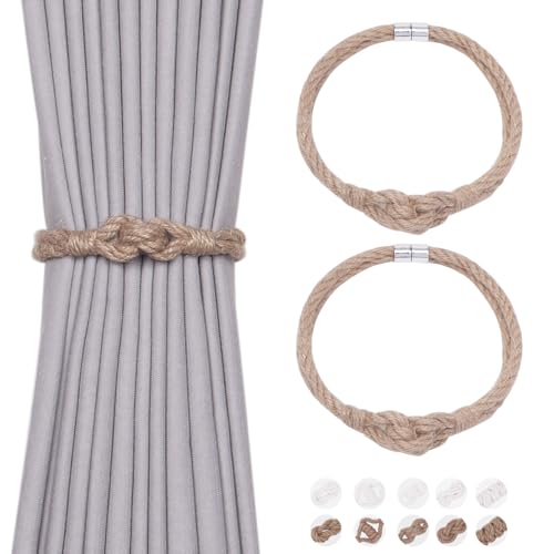 NICEEC 2 Pack Natural Jute Rope Curtain Tiebacks Elegant Boho Style Magnetic Drape Tie Backs Soft Hand-Woven Rope Curtain Holdbacks for Home & Office Drapery (Jute knot-05) - color: Jute Knot-05, size: 2 Pack