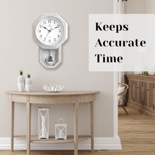 Pendulum Wall Clock, Real Wood Regulator Clock, White, Quiet Non-Chiming - color: Rustic White With Arabic Numerals