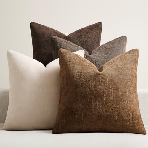 Pack of 4 Throw Pillow Covers 20x20 Inch Chenille Textured Neutral Brown Soft Pillow Covers Solid Decorative Farmhouse Cushion Covers Home Boho Western Decor for Couch Sofa Bed Living Room - color: Neutral Brown, size: 20" x 20" (Pack of 4)