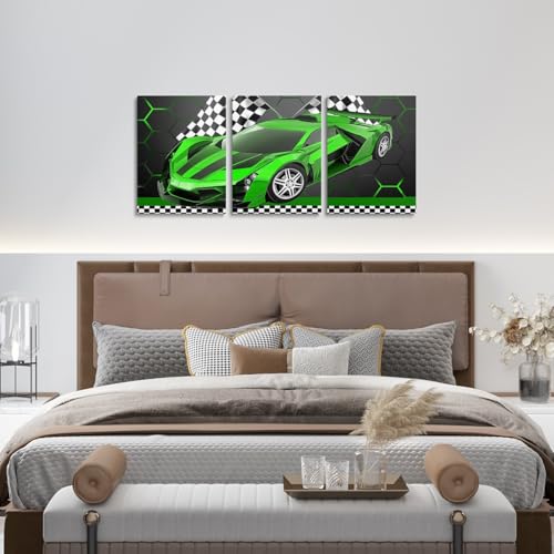 Feelyou Race Car Wall Art 12" x 16" x 3 - color: Green White Black