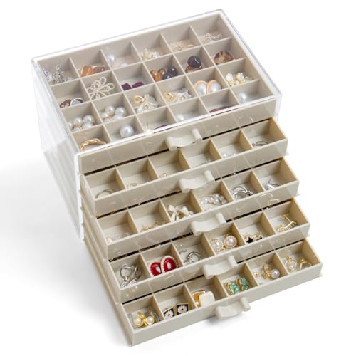 YUFONG Earring Storage Box Organizer 5 Drawers with 120 Small Compartments - color: Beige
