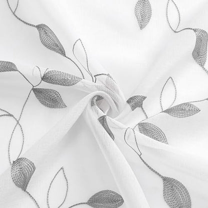 Tollpiz Grey Leaf Sheer Tier Curtain Kitchen 30 x 36 Inches - color: Grey, size: 30"W x 36"L (Pack of 2)