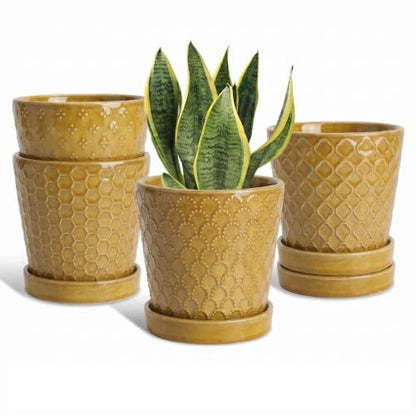 EFISPSS Ceramic Plant Pots, 5 Inch Planters with Drainage Holes and Ceramic Tray, Relief Design Flower Planter, Desktop Office Windowsill Decoration Gift Set of 4-Light Olive-Deep Yellow - color: Deep Yellow