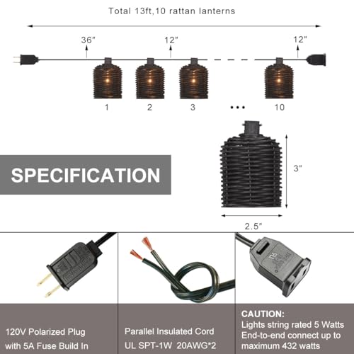 Natural Rattan String Lights, 10 Rustic Raffia Cage, 13 Ft Plug in & Connectable Wicker Lights,Black Rattan - color: Black Rattan