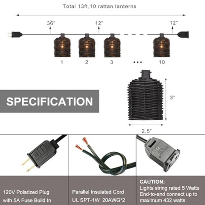 Natural Rattan String Lights, 10 Rustic Raffia Cage, 13 Ft Plug in & Connectable Wicker Lights,Black Rattan - color: Black Rattan