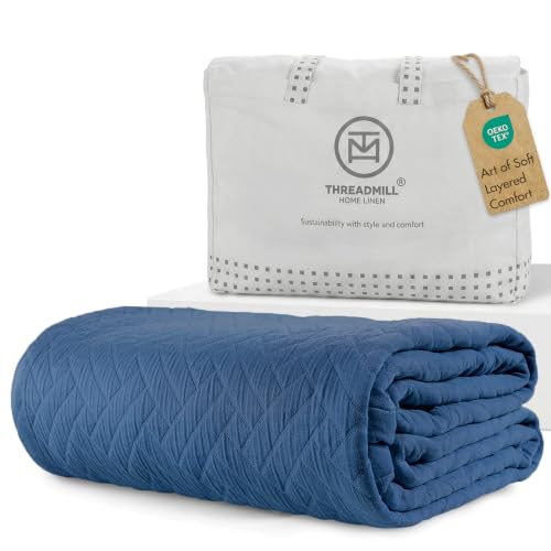 Threadmill Luxury Cotton Blankets for Twin Size Bed | All-Season 100% Cotton Twin Blanket for Bed | Criss Cross Jacquard Lightweight, Soft & Cozy Coverlet, 350GSM, 68x90 inches | Folkstone Blue - color: Classic Folkstone Blue, size: Twin / Twin-XL