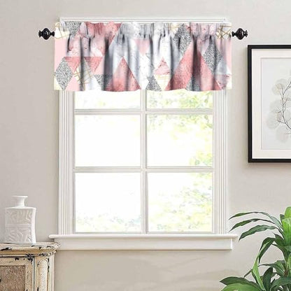 Pink Marble Valance, Abstract Geometric Gold Silver Glitter Lines Modern Luxury Triangles Print Blackout Window Valance for Kitchen Cafe Girls Bedroom, 54x18inch - color: Marble-20