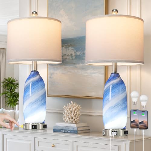 Rinweey 26" Grey-Blue Glass Table Lamps Set of 2,Coastal Lamps Nautical lamp with USB A+C Ports & AC Outlet,Bedside Lamps with 3-Way Dimmable-Night Light for Bedroom Living Room,Grey-Blue - color: Grey-Blue