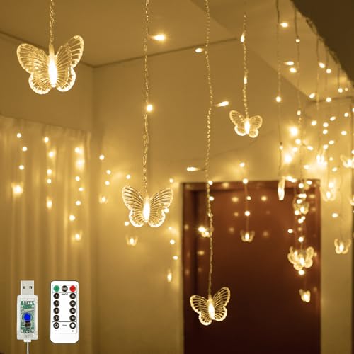 YOLIGHT Butterfly Curtain Lights 13ft 96 LED Fairy Light 8 Modes String Lights with Remote, Butterfly Hanging Decoration for Girls Room Bedroom Wall Ceiling Party Wedding Christmas (Warm White) - color: Warm White