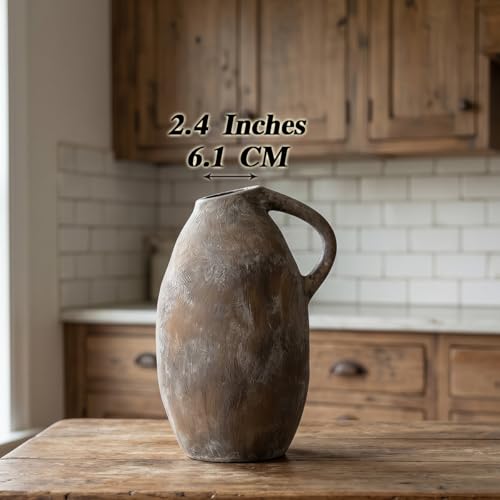 Rustic Ceramic Vase with Handle, 10.3 Inch, Handmade Decor, Brown - color: Brown